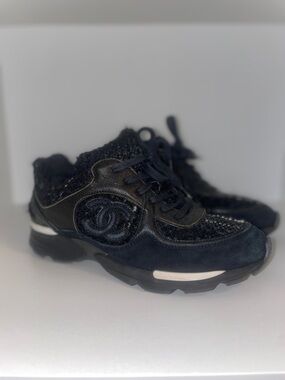 CHANEL Black Tweed and Goastkin Leather CC Trainers 35.5